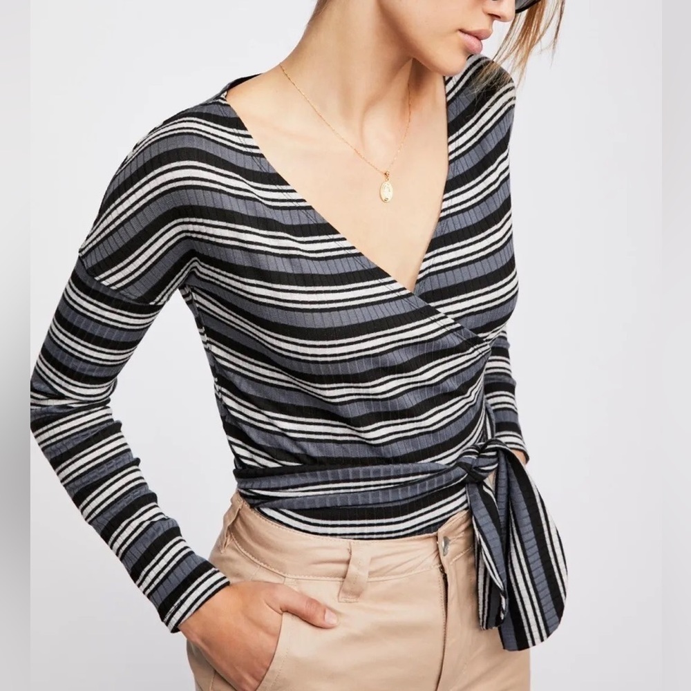 FREE People Always With Me Striped Faux Wrap Long Sleeve Tie Crop Top | Small